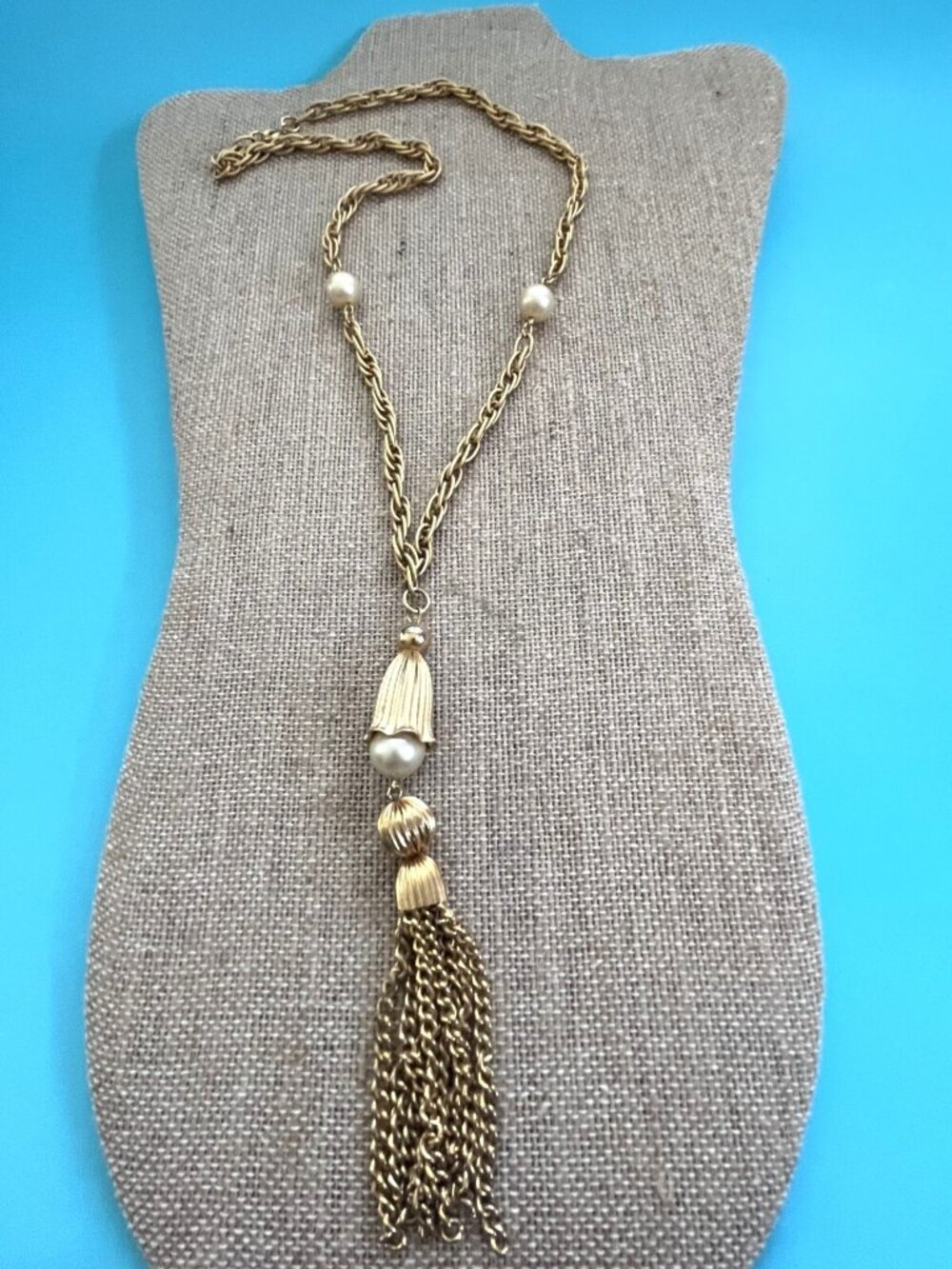 Vintage Gold Tone Chain Necklace With Faux Pearl Accents & Tassel Pendant
